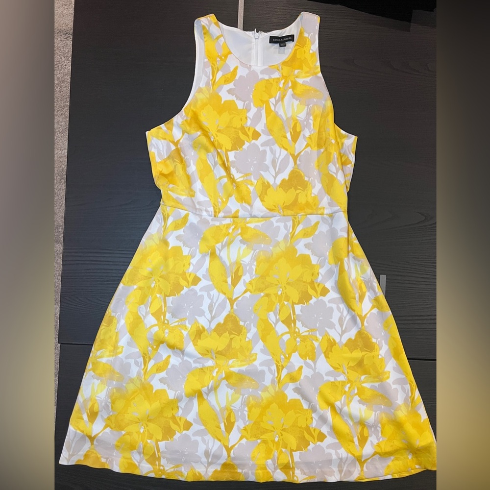 Banana Republic Racerback A-line Fully Lined Dress Yellow Gray Floral sz14 EUC